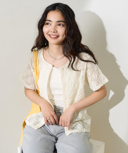 2WAY花朵網眼短袖開衫