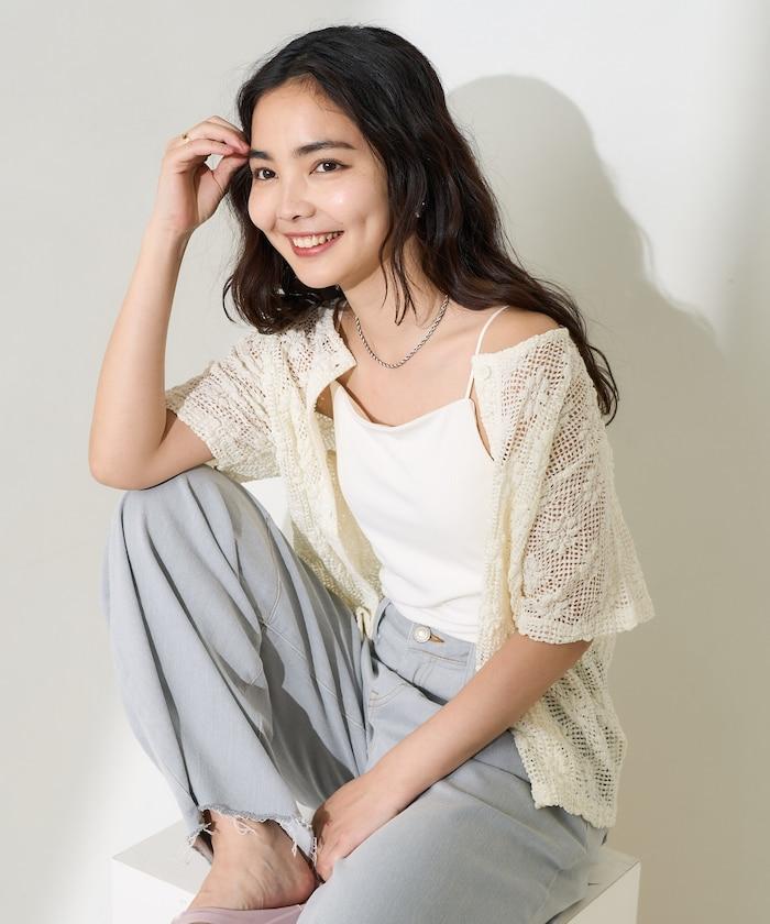 2WAY花朵網眼短袖開衫