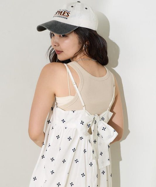 印度小花刺繡細肩帶蝴蝶結連衣裙