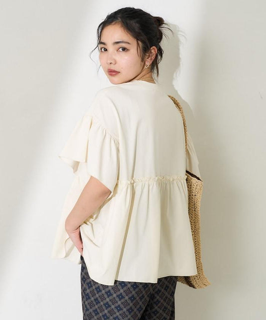 <防紫外線>多功能袖口荷葉邊短袖T恤/功能性材料拼接T恤