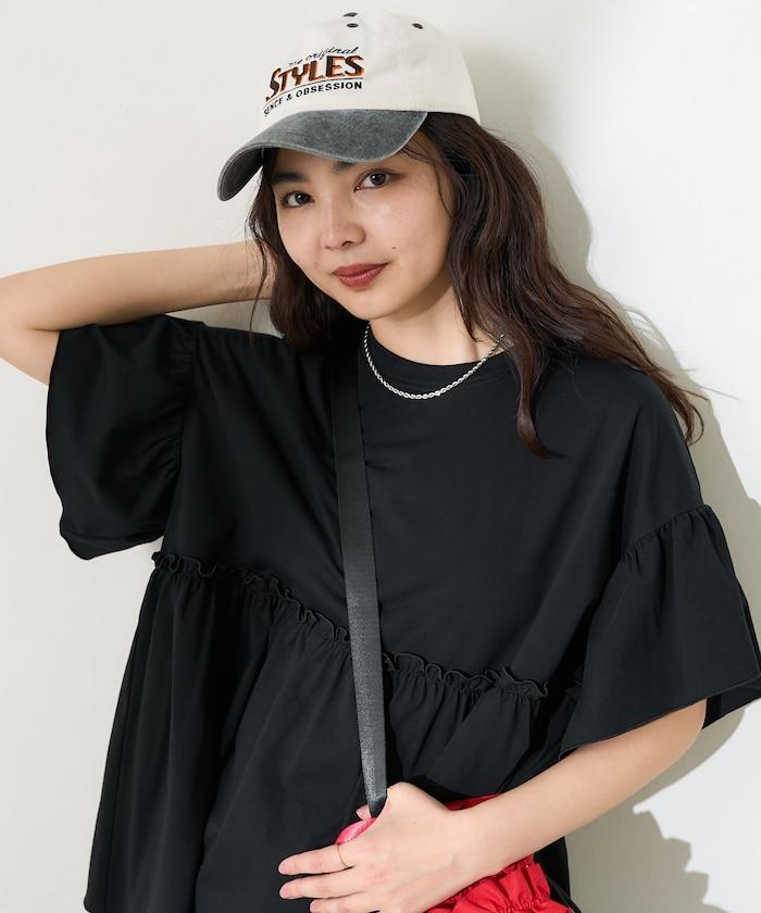 <防紫外線>多功能袖口荷葉邊短袖T恤/功能性材料拼接T恤