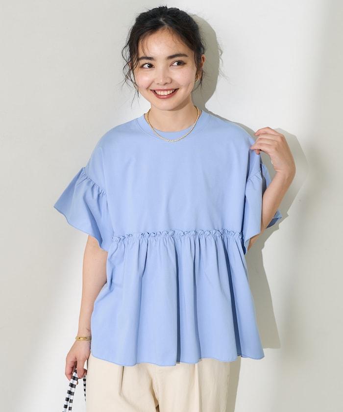 <防紫外線>多功能袖口荷葉邊短袖T恤/功能性材料拼接T恤