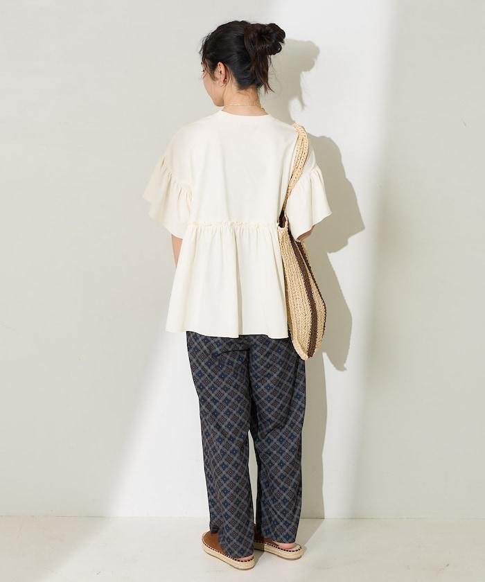 <防紫外線>多功能袖口荷葉邊短袖T恤/功能性材料拼接T恤