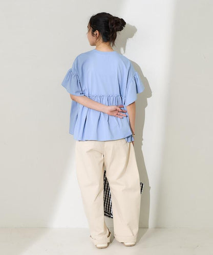 <防紫外線>多功能袖口荷葉邊短袖T恤/功能性材料拼接T恤