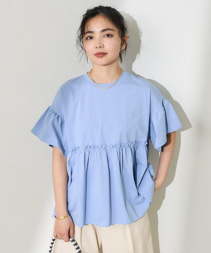 <防紫外線>多功能袖口荷葉邊短袖T恤/功能性材料拼接T恤