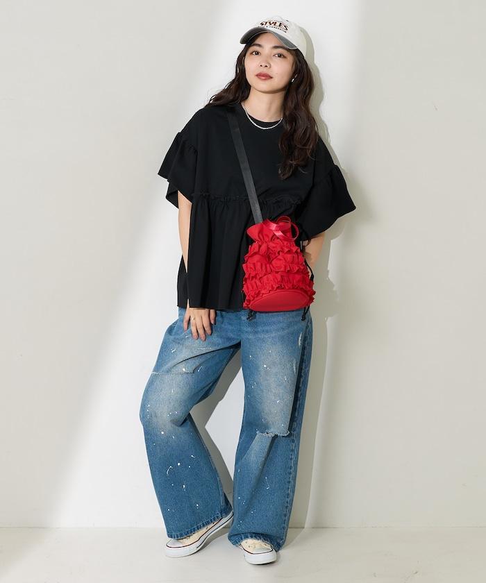 <防紫外線>多功能袖口荷葉邊短袖T恤/功能性材料拼接T恤