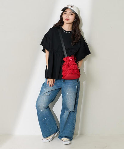 <防紫外線>多功能袖口荷葉邊短袖T恤/功能性材料拼接T恤