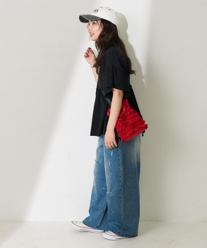 <防紫外線>多功能袖口荷葉邊短袖T恤/功能性材料拼接T恤