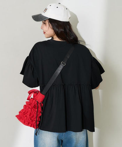 <防紫外線>多功能袖口荷葉邊短袖T恤/功能性材料拼接T恤