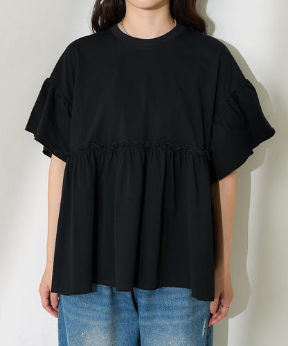 <防紫外線>多功能袖口荷葉邊短袖T恤/功能性材料拼接T恤