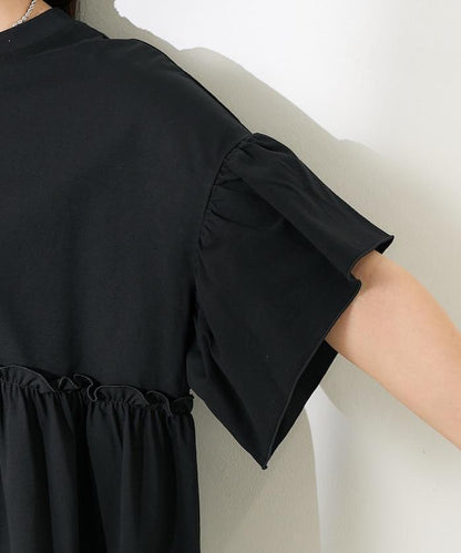 <防紫外線>多功能袖口荷葉邊短袖T恤/功能性材料拼接T恤