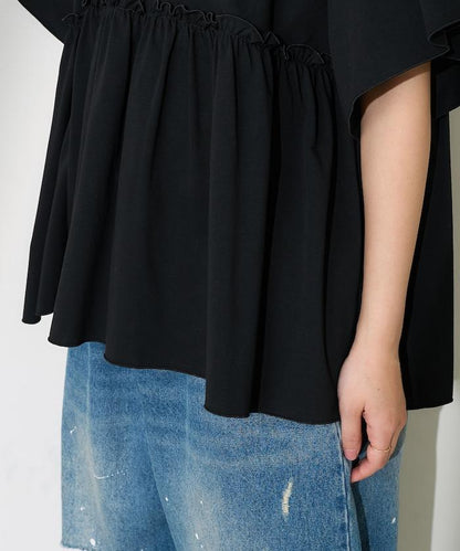 <防紫外線>多功能袖口荷葉邊短袖T恤/功能性材料拼接T恤