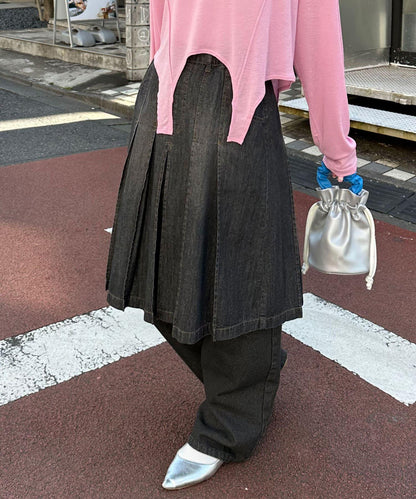 淺藍色牛仔布褶皺中長裙