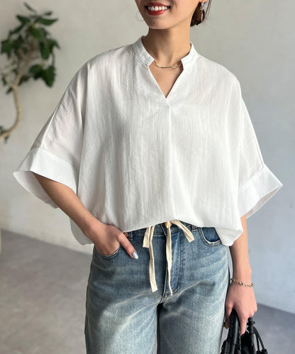 亞麻質感捲袖翻領襯衫