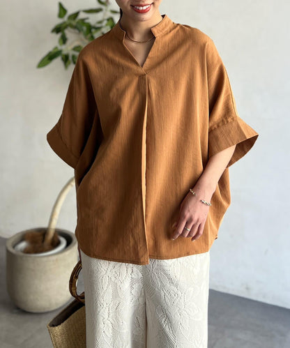 亞麻質感捲袖翻領襯衫