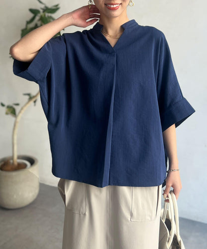 亞麻質感捲袖翻領襯衫