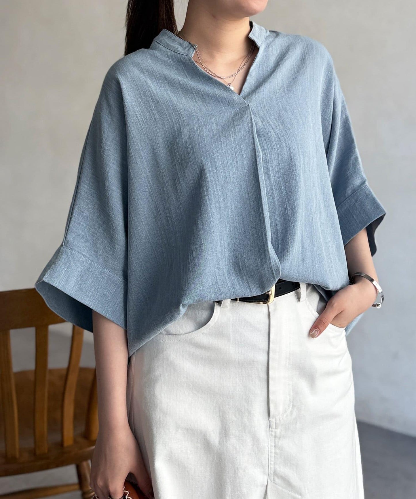 亞麻質感捲袖翻領襯衫