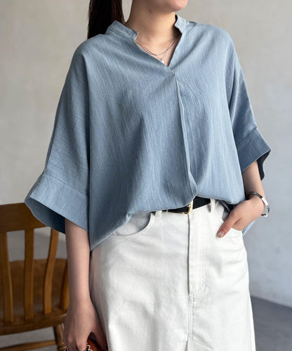 亞麻質感捲袖翻領襯衫