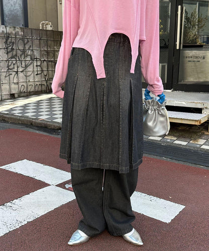 淺藍色牛仔布褶皺中長裙