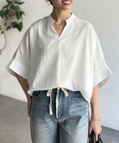 亞麻質感捲袖翻領襯衫