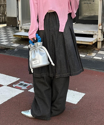 淺藍色牛仔布褶皺中長裙