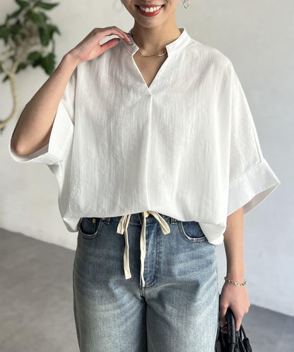 亞麻質感捲袖翻領襯衫