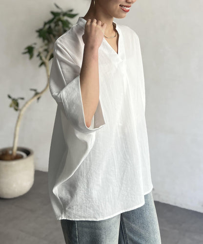亞麻質感捲袖翻領襯衫
