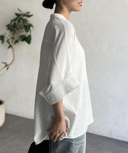 亞麻質感捲袖翻領襯衫