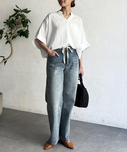 亞麻質感捲袖翻領襯衫