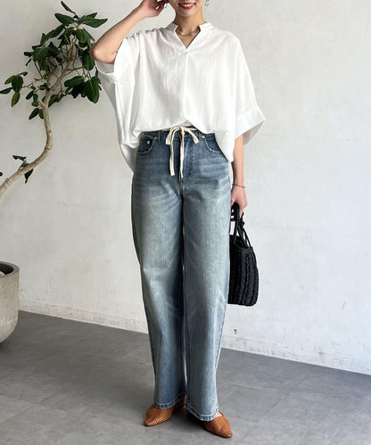 亞麻質感捲袖翻領襯衫