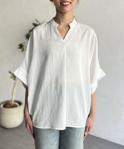 亞麻質感捲袖翻領襯衫