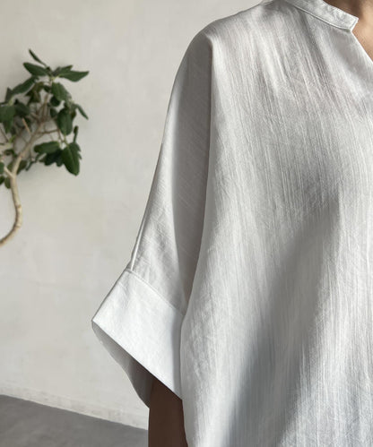 亞麻質感捲袖翻領襯衫