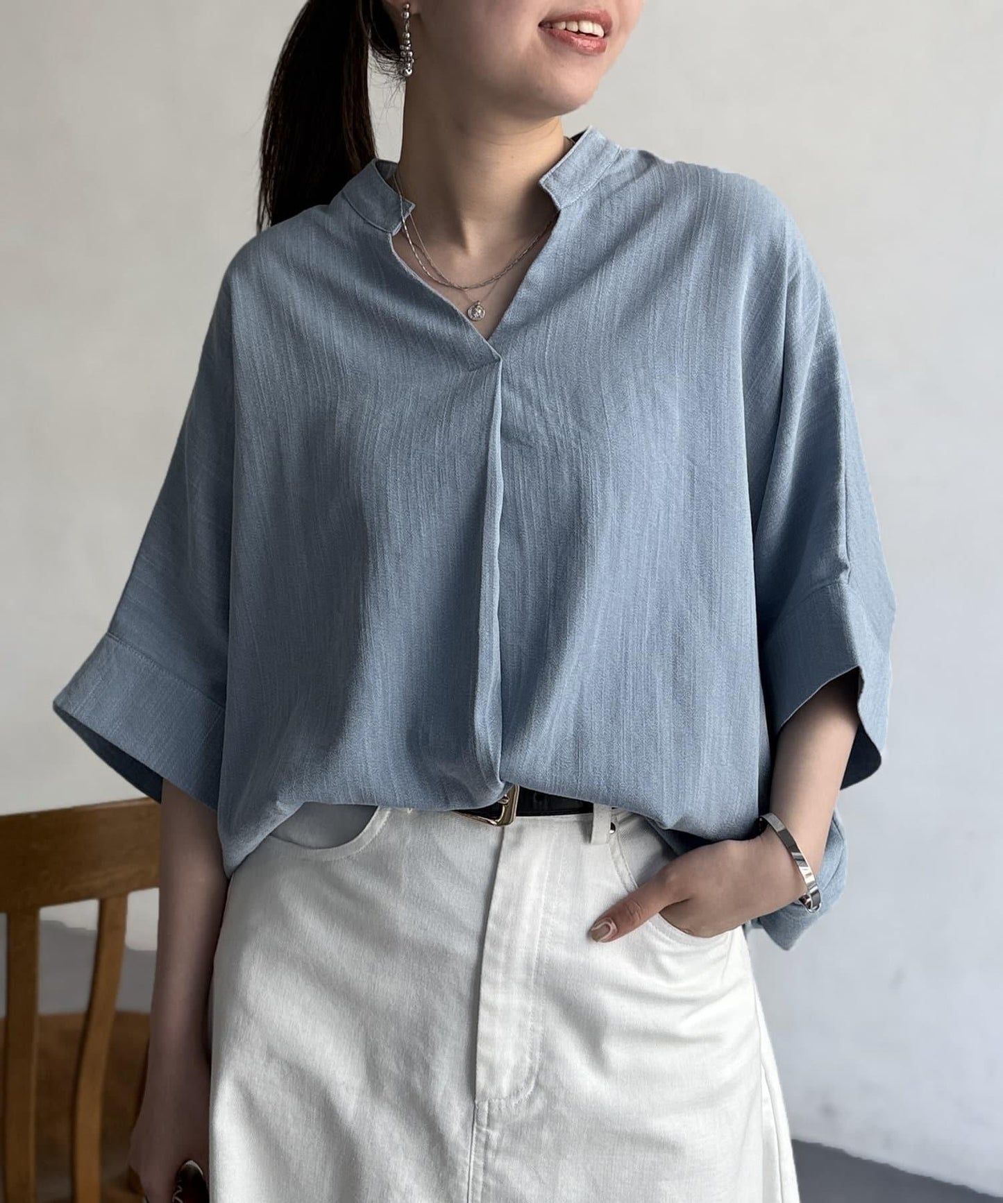 亞麻質感捲袖翻領襯衫