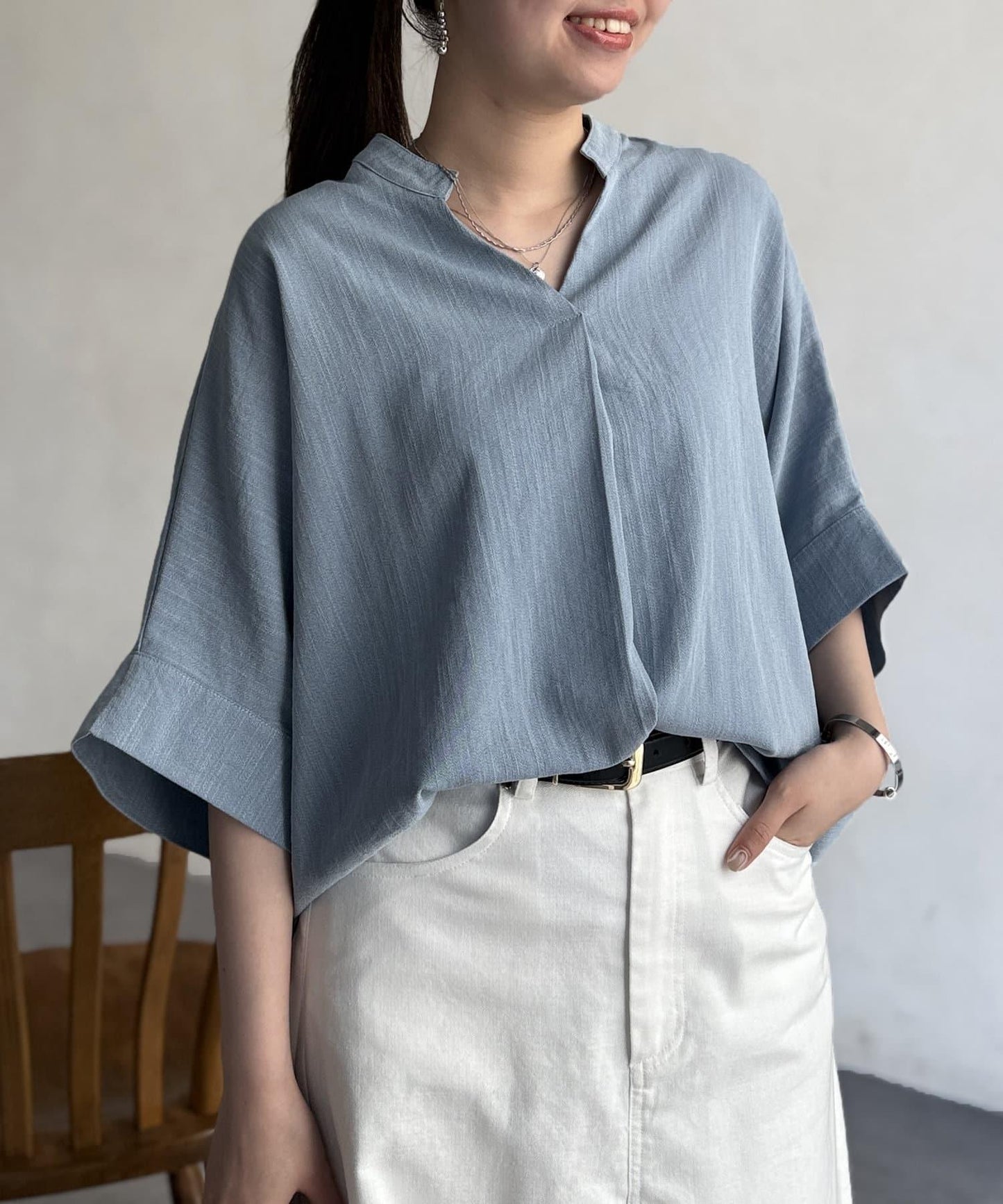 亞麻質感捲袖翻領襯衫