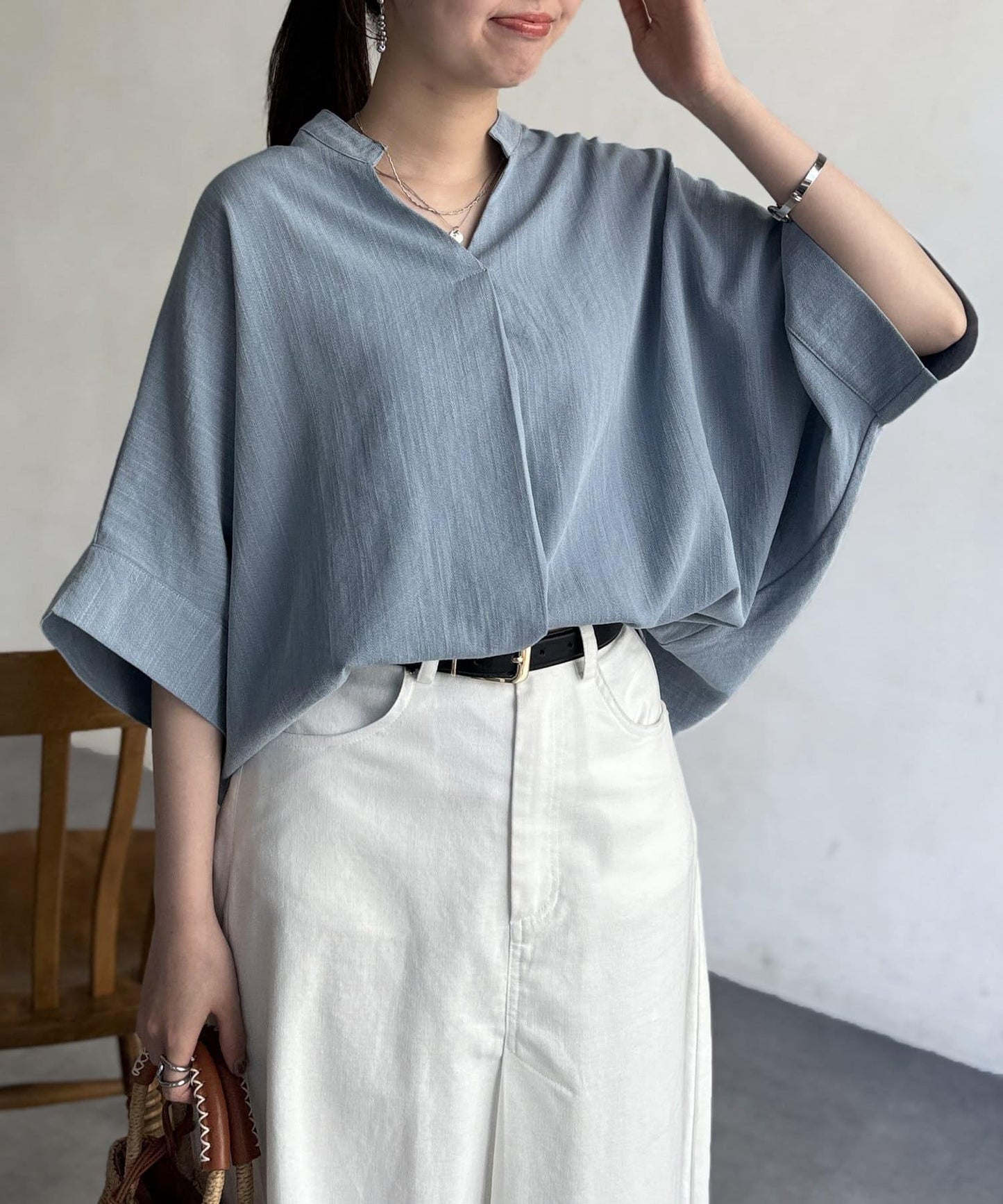 亞麻質感捲袖翻領襯衫