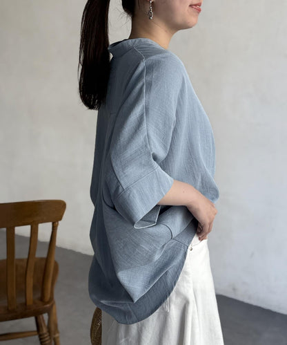 亞麻質感捲袖翻領襯衫