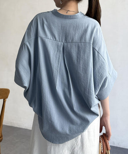 亞麻質感捲袖翻領襯衫
