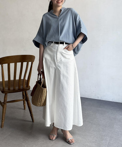 亞麻質感捲袖翻領襯衫