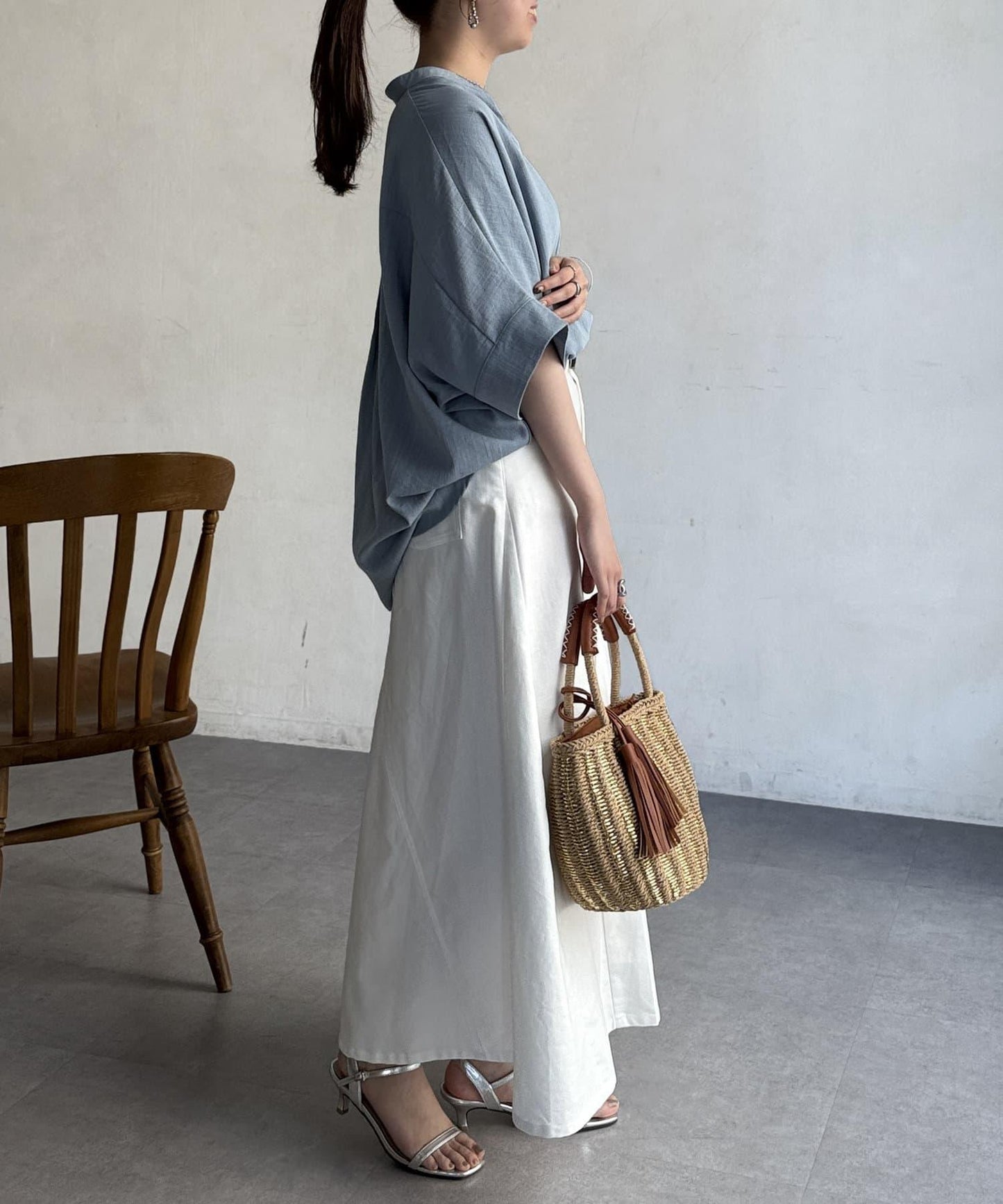 亞麻質感捲袖翻領襯衫