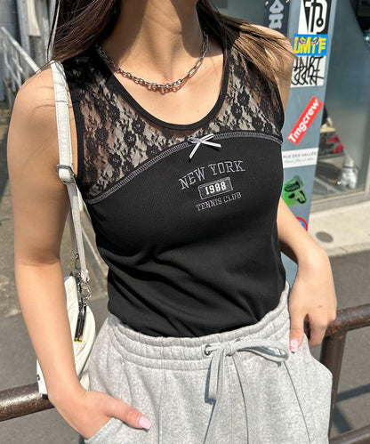 蕾絲拼接刺繡logo背心