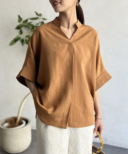 亞麻質感捲袖翻領襯衫