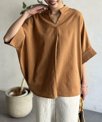 亞麻質感捲袖翻領襯衫