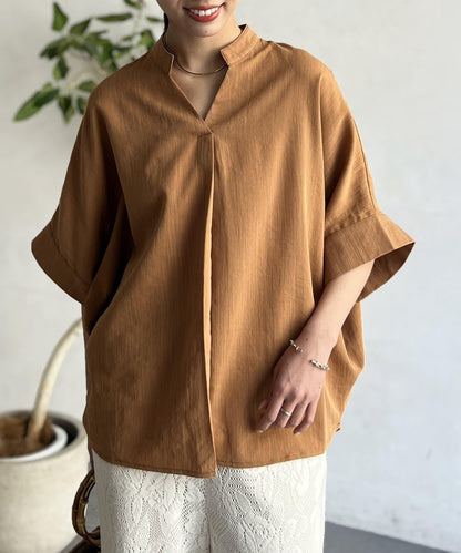 亞麻質感捲袖翻領襯衫