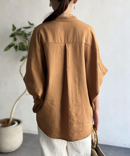 亞麻質感捲袖翻領襯衫