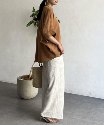 亞麻質感捲袖翻領襯衫