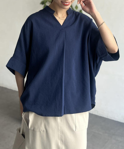 亞麻質感捲袖翻領襯衫