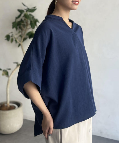 亞麻質感捲袖翻領襯衫