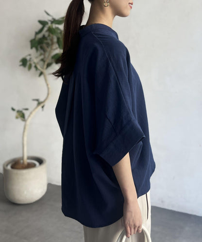 亞麻質感捲袖翻領襯衫