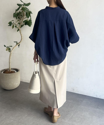 亞麻質感捲袖翻領襯衫