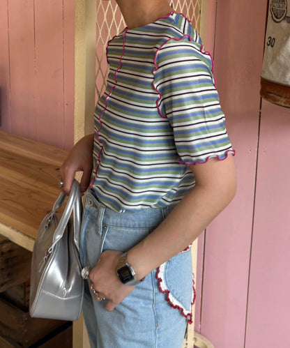 【HELLO.SANFRANCISCO】多色條紋露肩上衣